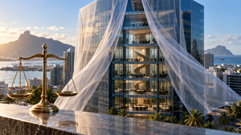 Corporate veil and scales of justice illustrating Mauritian company law